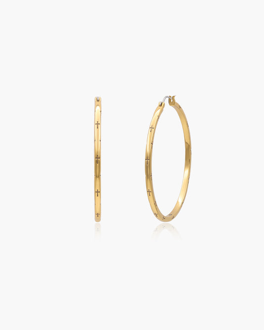 Cross Engraved Large Hoops in Gold
