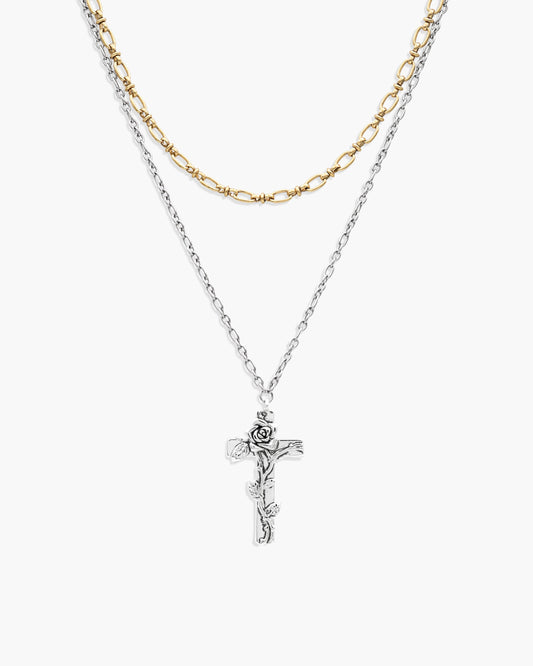 Wild Rose Layered Cross Necklace in Two-Tone