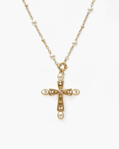 Rosalia Pearl Cross Lariat Necklace