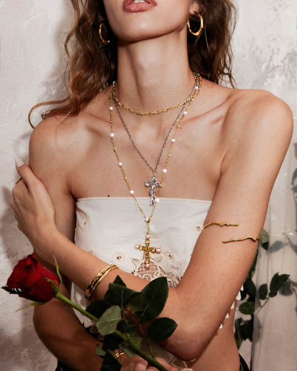 Rosalia Pearl Cross Lariat Necklace