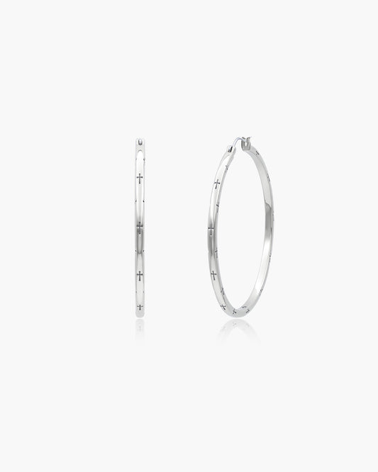 Cross Engraved Large Hoops in Silver