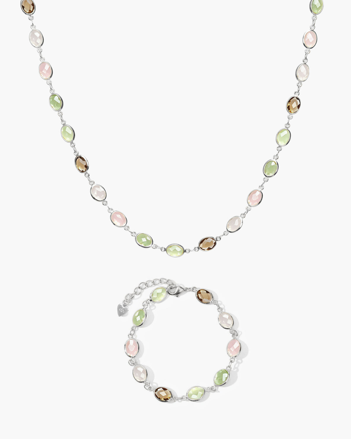 Whimsical Romance Stone Necklace and Bracelet Set in Silver