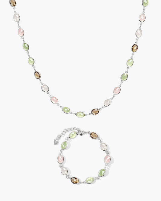 Whimsical Romance Stone Necklace and Bracelet Set in Silver