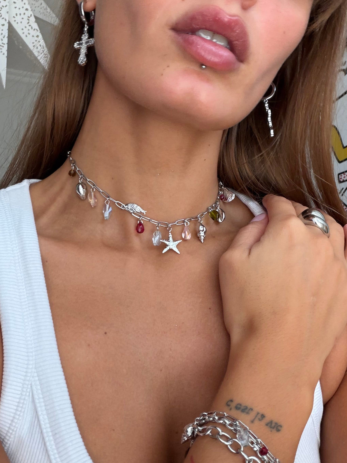 Coral Dancer Multi-charm Choker Necklace in Silver